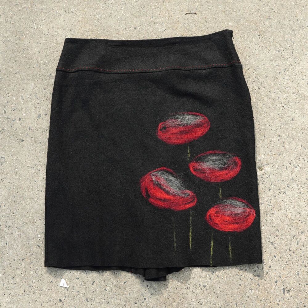 Ledór XXL Black Wool Felt Poppy Midi Skirt Poland Cottagecore Y2K Artsy Office
